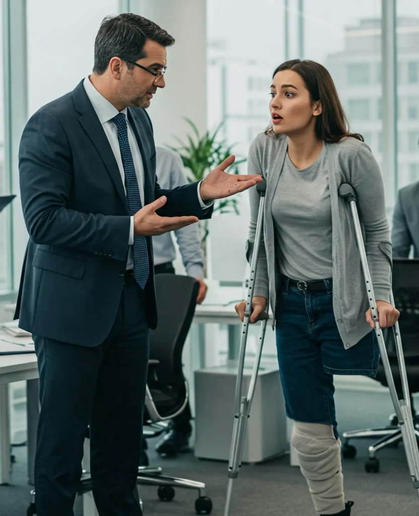 A business meeting in an office setting where a woman on crutches engages in a discussion with a man in a suit.