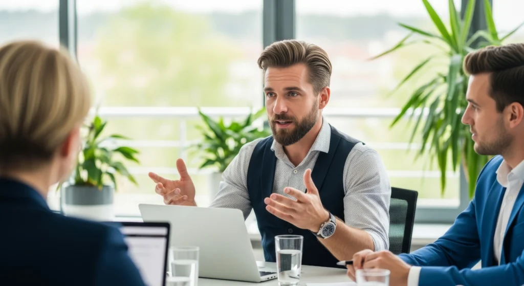 A bearded man in business attire gestures while speaking in a meeting. Two colleagues listen attentively. Office plants and windows create a bright, professional setting.
