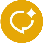 A yellow circular icon features a white speech bubble with a sparkling star at the top right. It conveys communication, positivity, and excellence.