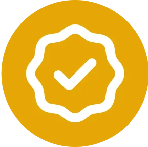 A yellow circle with a white check mark inside a scalloped border, symbolizing verification or approval. The tone is positive and official.