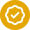 A white check mark inside a white circular, scalloped badge shape on a gold background.
