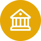 Alt text: White icon of a classical building with columns on a round yellow background. The image suggests themes of government, law, or culture.