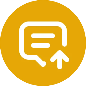 Alt text: Yellow circle with a white speech bubble icon featuring three horizontal lines and an upward arrow, suggesting messaging or communication.