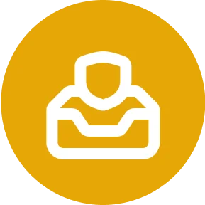 Icon depicting a person with a shield head, suggesting protection or security, inside a stylized envelope. Set against an orange circular background.