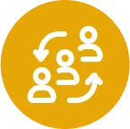 Icon of three stylized figures with arrows indicating movement, set against a yellow circular background, symbolizing collaboration and teamwork.