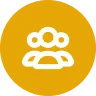 A yellow circle icon with a white silhouette of three people, representing a group or community. The tone is simple and modern, conveying unity.