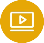 A yellow circle with a white icon of a video player screen featuring a play button, symbolizing multimedia content or online video playback.