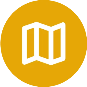 A white map icon with three folded sections on a circular yellow background, conveying navigation or travel themes. Simple and modern design.