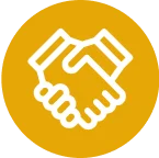 White outline of two hands shaking in the center of a yellow circle, symbolizing agreement or partnership.