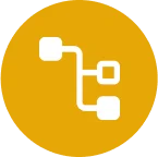A white flowchart icon with interconnected nodes on a mustard yellow circle background, symbolizing process or network connectivity.