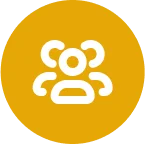 Alt text: Yellow circle icon with white silhouette of a person in front, flanked by two smaller figures. Represents teamwork or group activities.