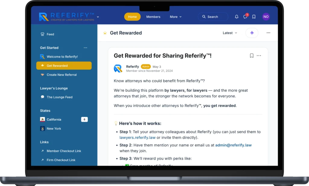 Screenshot of the Referify platform, highlighting a "Get Rewarded" section for attorneys referring colleagues.