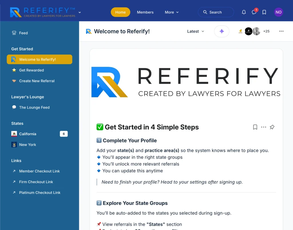 Alt text: "Referify webpage screenshot showing a 'Get Started in 4 Simple Steps' guide. Includes profile setup instructions. Left sidebar has navigation options and state selections. The tone is professional, aimed at lawyers."