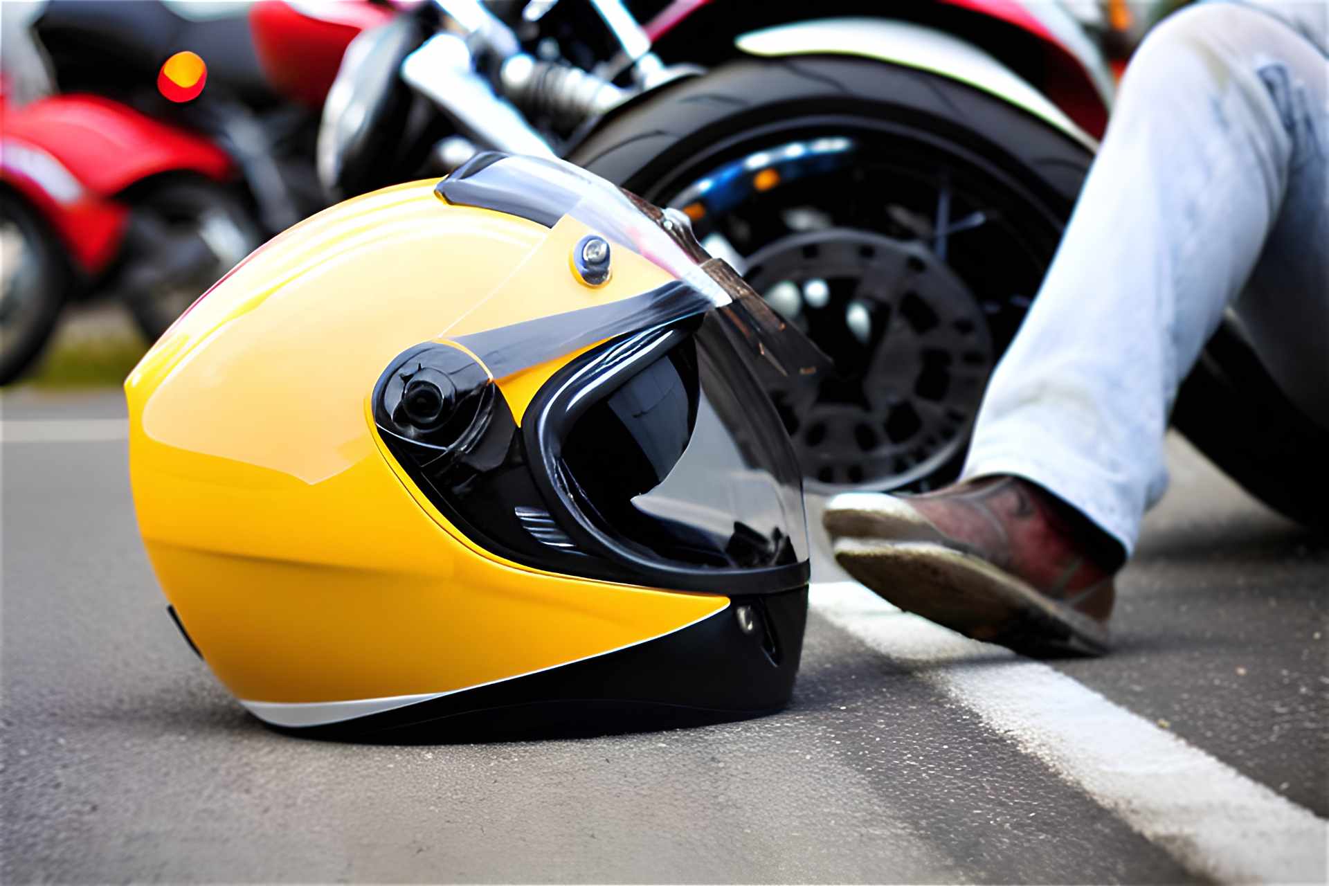 A person near their helmet after a motorcycle accident.
