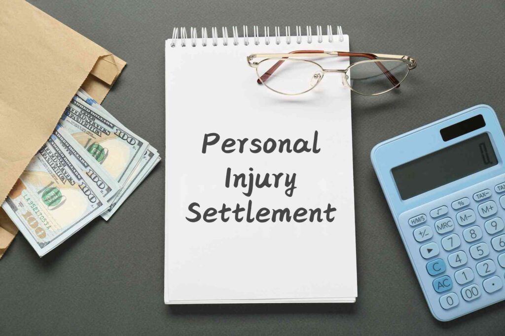 Notebook labeled 'Personal Injury Settlement', symbolizing the financial considerations and potential tax implications