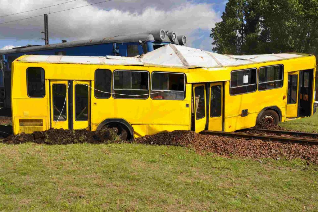 A crashed bus in the middle of the road