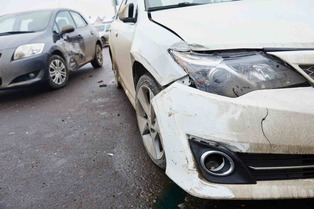 Two cars after having a car crash in California