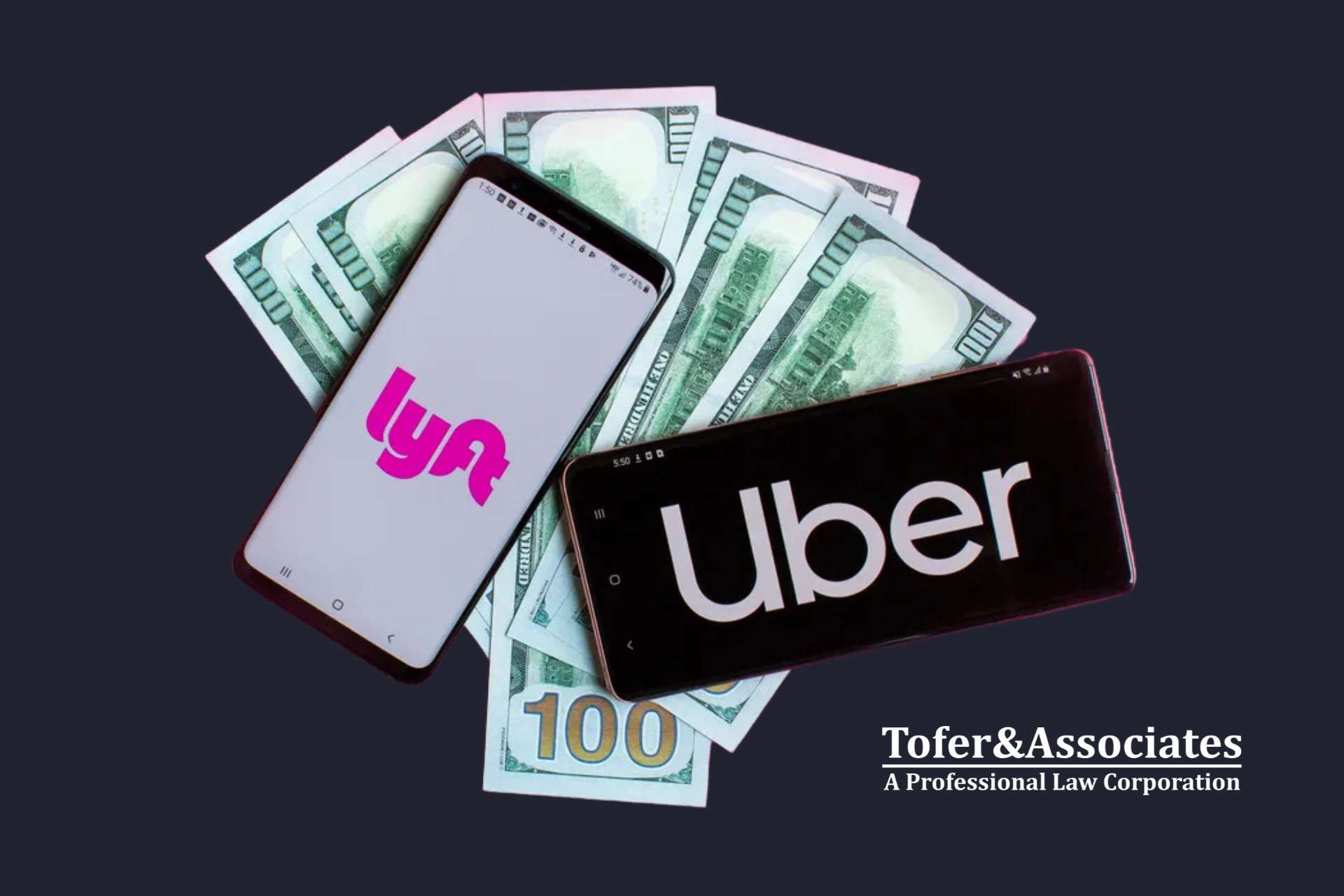 Two smartphones displaying the Lyft and Uber logos are placed on top of multiple hundred-dollar bills