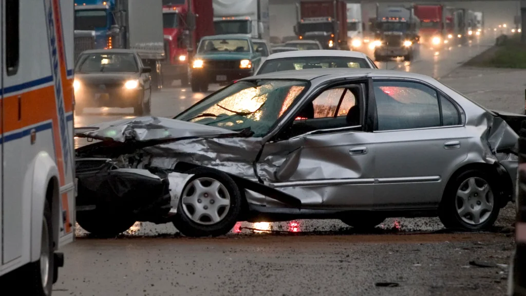 A severely damaged silver sedan parked on a rain-soaked road, surrounded by other vehicles, and an ambulance nearby.