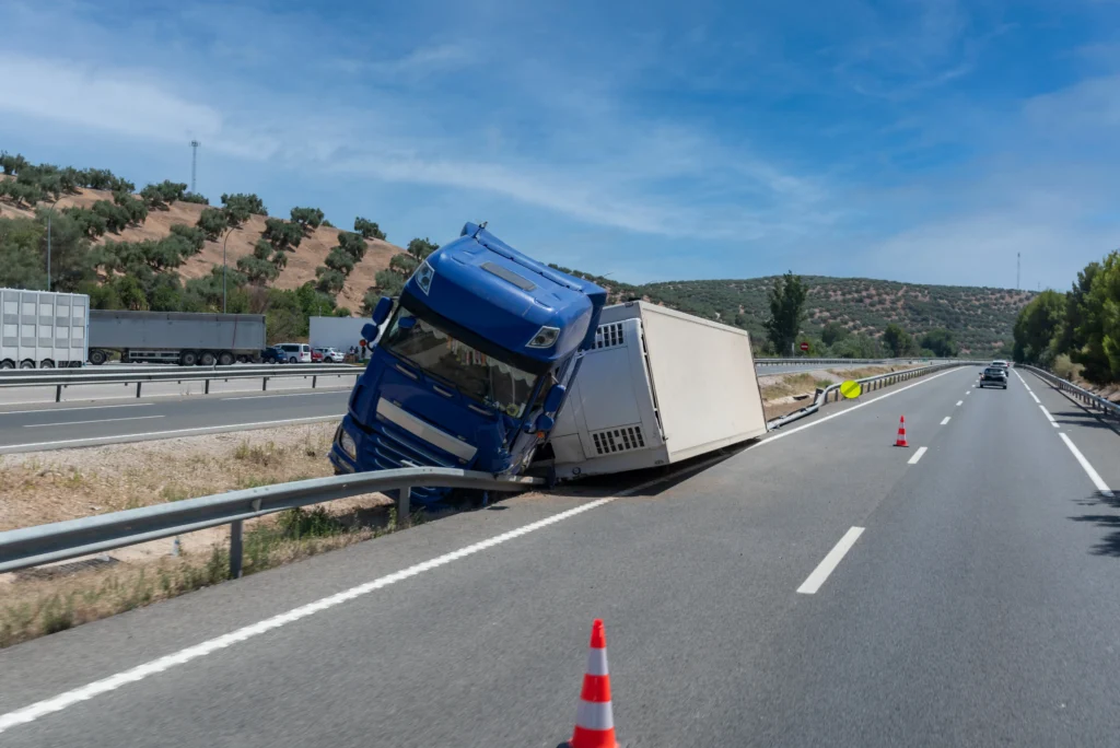 A blue truck tipped against a guardrail on the highway, with traffic cones nearby and steep hills in the background.
