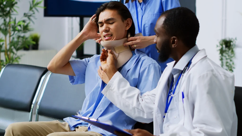 Medical professional assists a patient in fitting a neck brace while a nurse observes, set in a clinical environment.