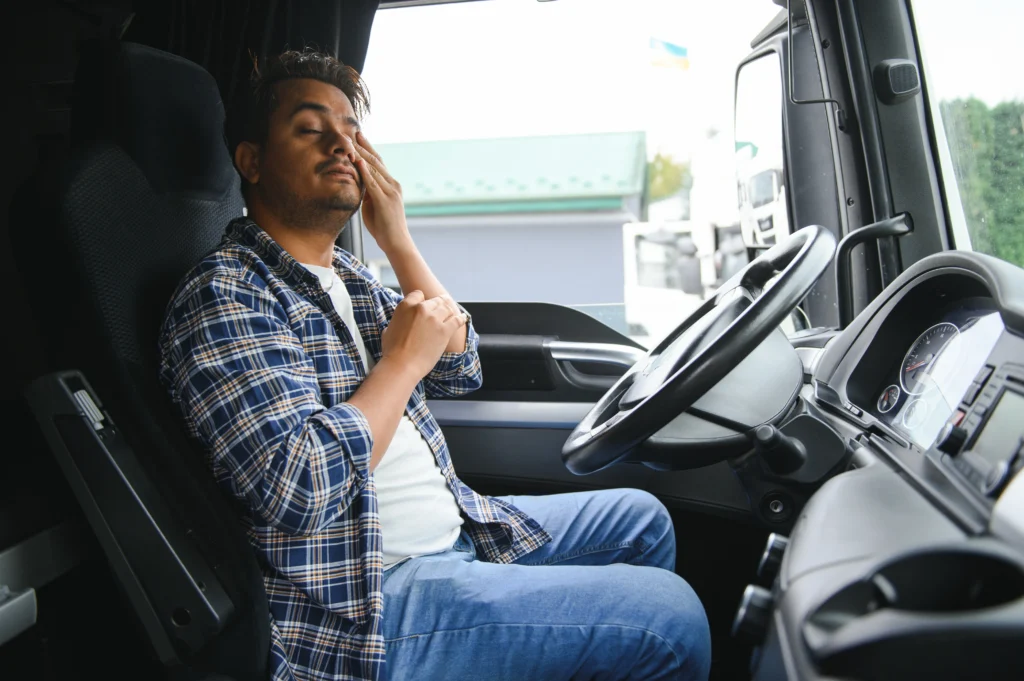 A person sits in the driver's seat of a truck, adjusting their clothing, with the steering wheel