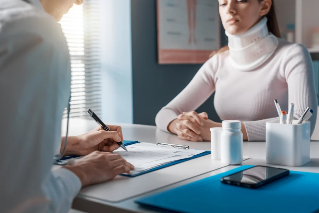 A healthcare professional writes notes during a consultation with a patient wearing a neck brace, surrounded by medical supplies on a desk.