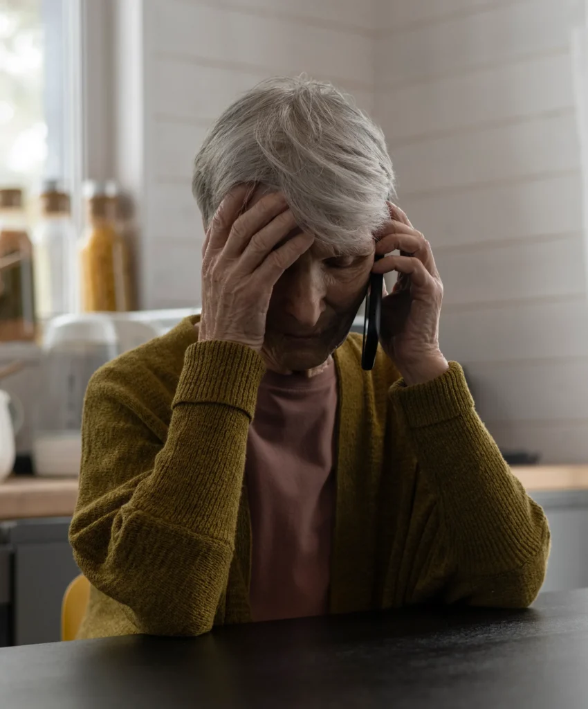 An elderly person in a cozy sweater appears distressed while speaking on a phone at a table in a warm, softly lit kitchen.