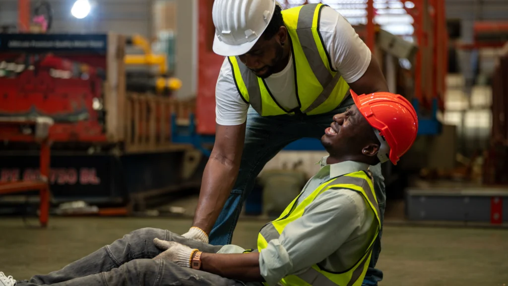 Two construction workers in safety vests assist an injured colleague on a warehouse floor, emphasizing teamwork in safety protocols.