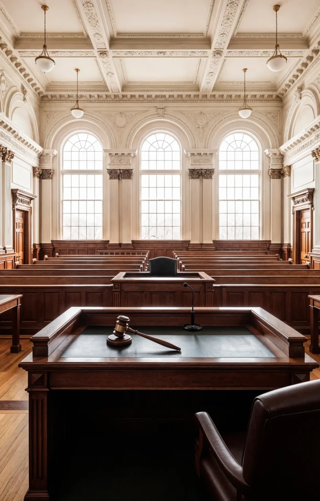 Spacious courtroom with elegant wooden furnishings, large arched windows, and carved ceiling details. A gavel rests on the judge's bench, evoking a solemn tone.